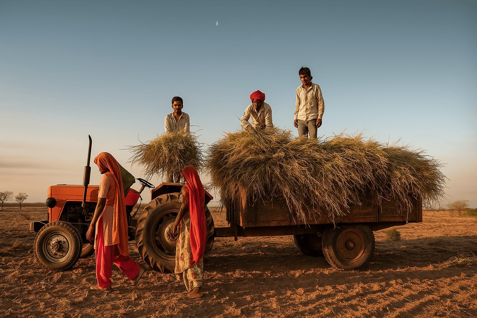 Farmers loading hay onto a tractor at dusk in rural India
